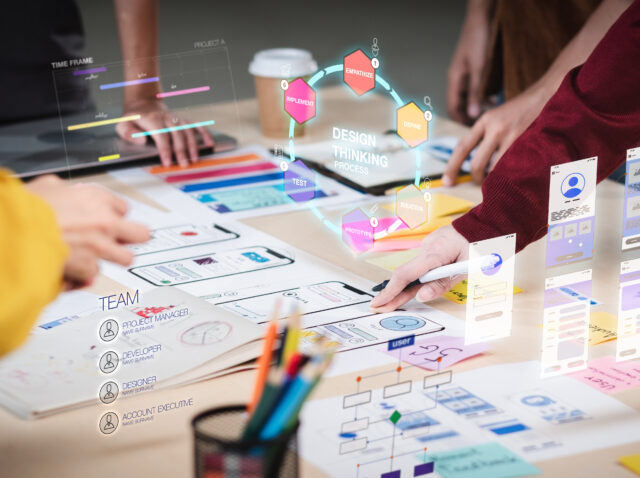 Close up ux developer and ui designer use augmented reality brai