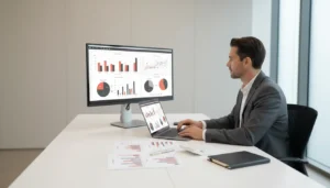 Empresário analisando gráficos de desempenho e otimização de investimentos em P&D