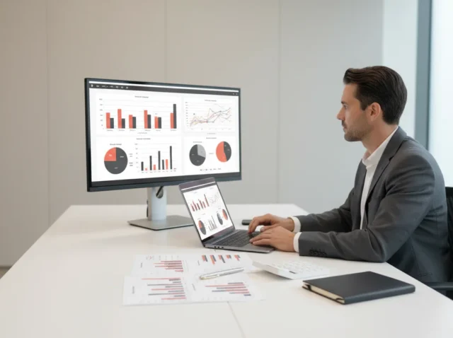 Empresário analisando gráficos de desempenho e otimização de investimentos em P&D