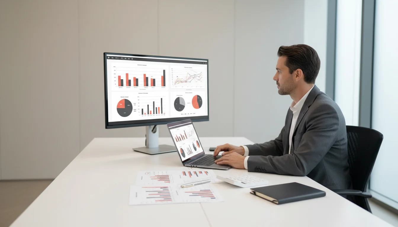 Empresário analisando gráficos de desempenho e otimização de investimentos em P&D