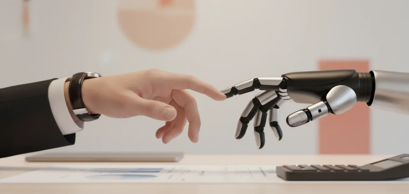 grownt-os-1786538276331 Mão humana e robótica se tocando, simbolizando a integração de IA e incentivos fiscais na transformação digital