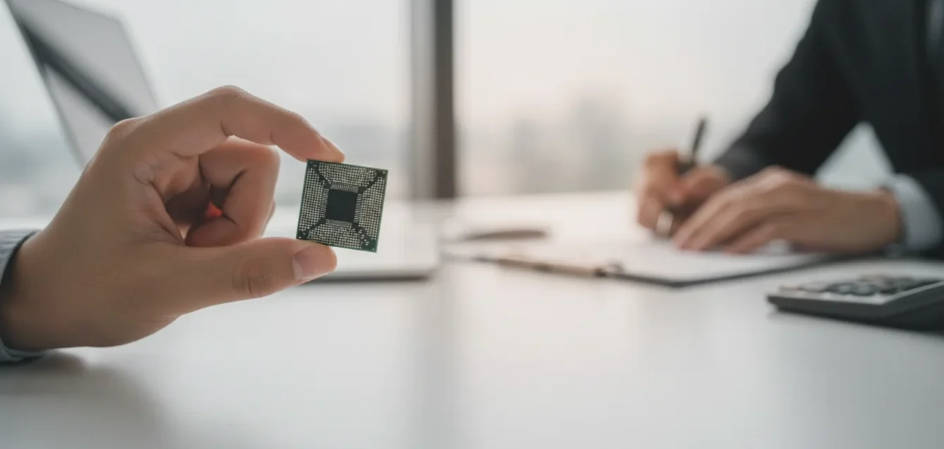 Mão segurando um chip de semicondutor, simbolizando o incentivo fiscal PADIS para a inovação tecnológica