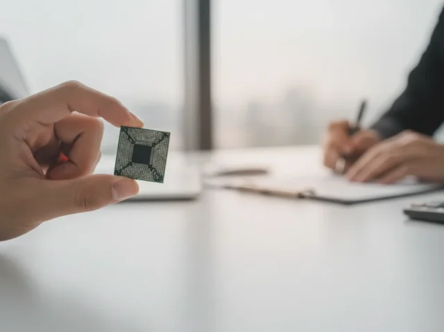 Mão segurando um chip de semicondutor, simbolizando o incentivo fiscal PADIS para a inovação tecnológica