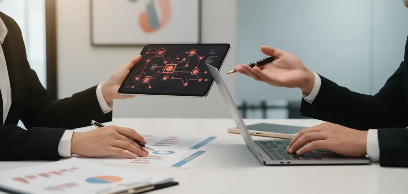 Mãos colaborando em frente a um diagrama de inovação, simbolizando parcerias com ICTs para alavancar P&D.