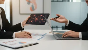 Mãos colaborando em frente a um diagrama de inovação, simbolizando parcerias com ICTs para alavancar P&D.