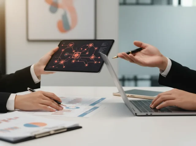 Mãos colaborando em frente a um diagrama de inovação, simbolizando parcerias com ICTs para alavancar P&D.