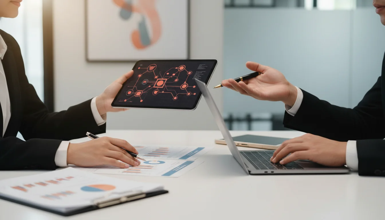 Mãos colaborando em frente a um diagrama de inovação, simbolizando parcerias com ICTs para alavancar P&D.