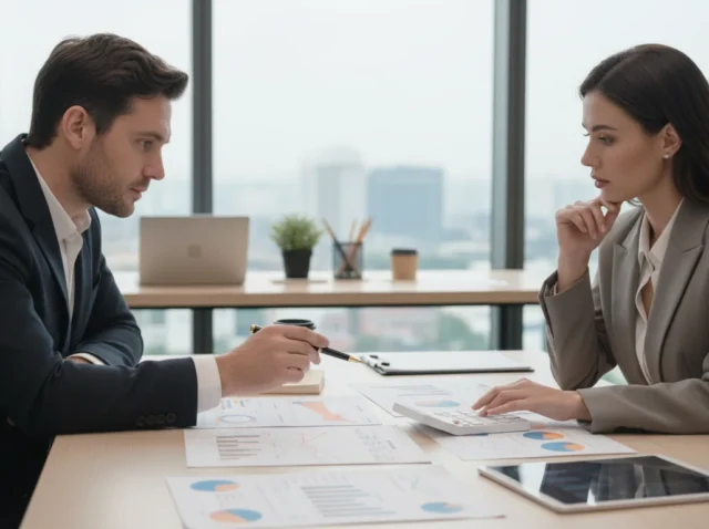 Executivos analisando gráficos de crescimento e inovação para competitividade empresarial com PD&I