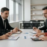 Empresários discutindo sobre a Lei do Bem e Reforma Tributária em uma mesa de reuniões