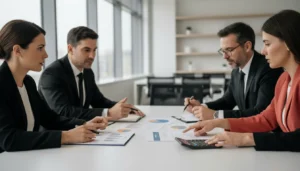 Empresários discutindo sobre a Lei do Bem e Reforma Tributária em uma mesa de reuniões