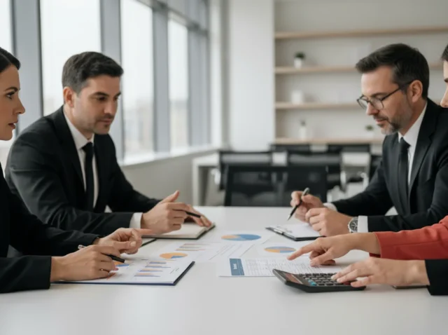 Empresários discutindo sobre a Lei do Bem e Reforma Tributária em uma mesa de reuniões