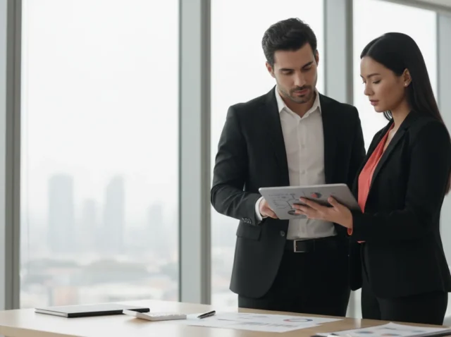 Executivos analisando dados de planejamento urbano em um tablet, representando gestão de projetos cidades inteligentes.