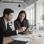 Executivos analisando dados de gestão da inovação em um ambiente corporativo moderno