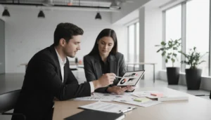 Executivos analisando dados de gestão da inovação em um ambiente corporativo moderno