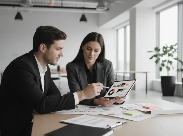 Executivos analisando dados de gestão da inovação em um ambiente corporativo moderno