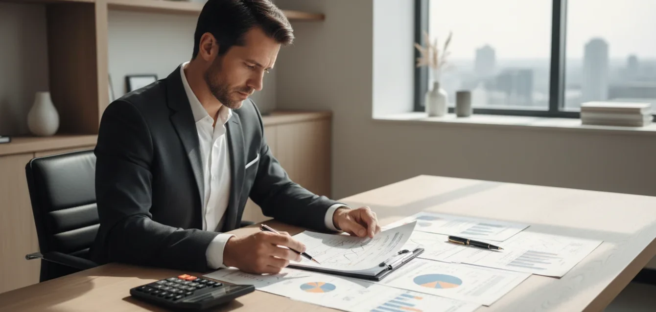 Empresário analisando gráficos e documentos sobre incentivos fiscais inovação em um ambiente corporativo moderno