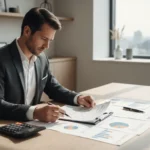 Empresário analisando gráficos e documentos sobre incentivos fiscais inovação em um ambiente corporativo moderno