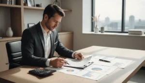 Empresário analisando gráficos e documentos sobre incentivos fiscais inovação em um ambiente corporativo moderno