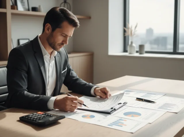 Empresário analisando gráficos e documentos sobre incentivos fiscais inovação em um ambiente corporativo moderno