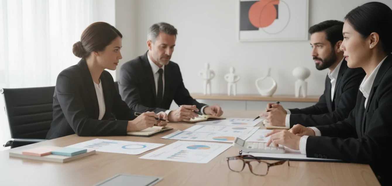 Mesa de reunião com executivos discutindo gráficos, simbolizando a gestão estratégica de PD&I