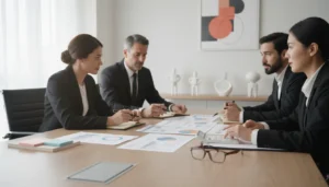 Mesa de reunião com executivos discutindo gráficos, simbolizando a gestão estratégica de PD&I
