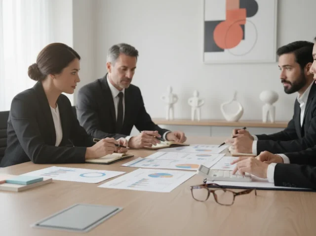 Mesa de reunião com executivos discutindo gráficos, simbolizando a gestão estratégica de PD&I