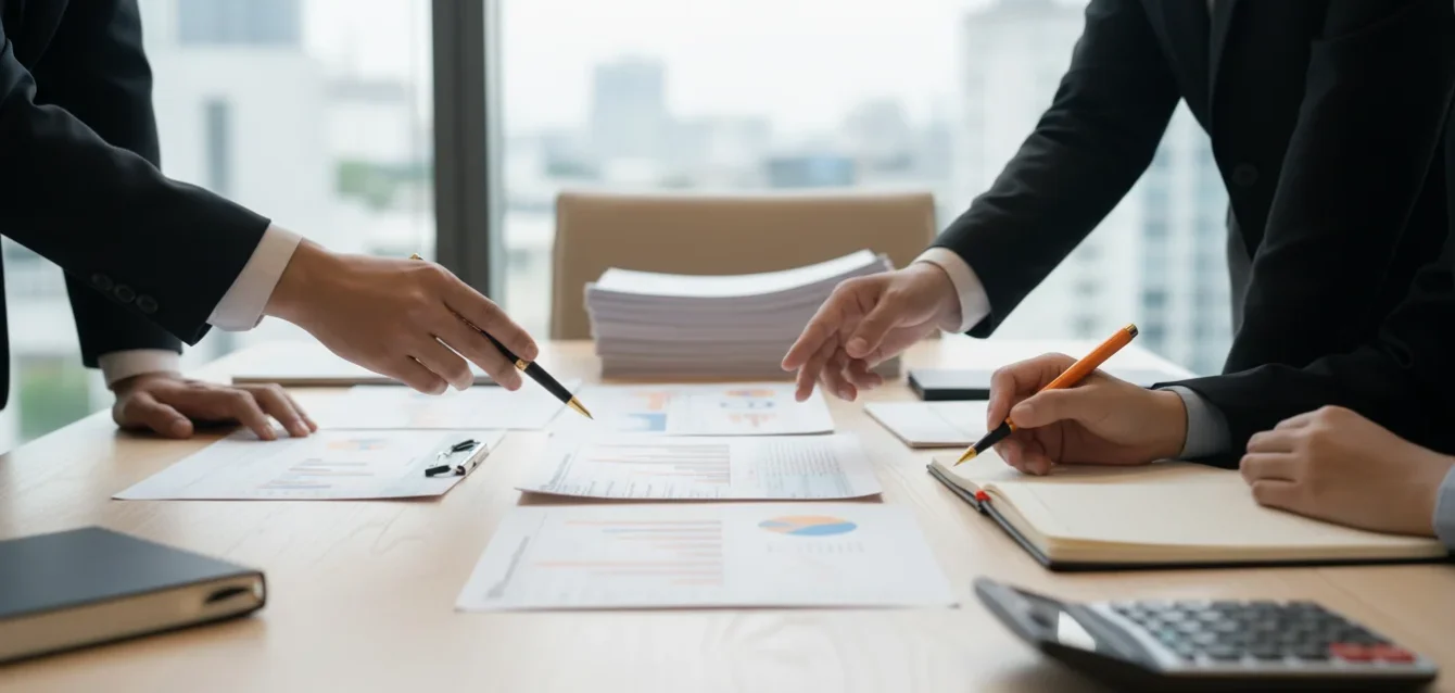 Mãos em mesa de reunião com documentos e gráficos sobre Lei do Bem e PD&I para grandes empresas