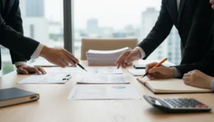 Mãos em mesa de reunião com documentos e gráficos sobre Lei do Bem e PD&I para grandes empresas