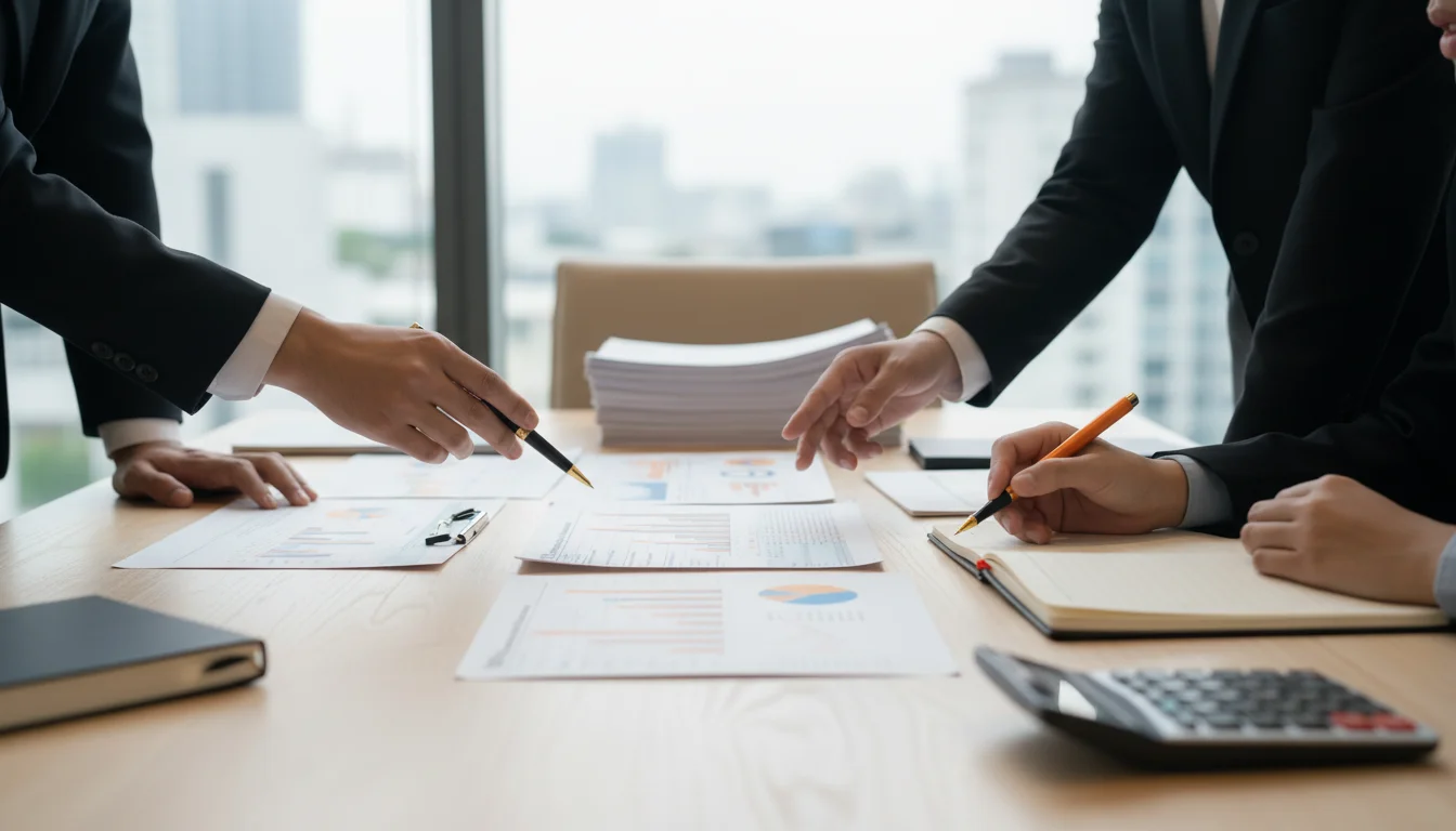 Mãos em mesa de reunião com documentos e gráficos sobre Lei do Bem e PD&I para grandes empresas