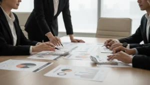 Empresários discutindo estratégias de Lei do Bem inovação empresas em uma sala de reunião