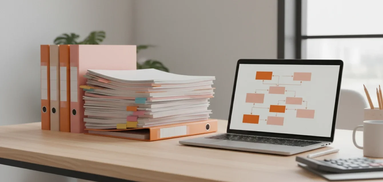 Documentos e métodos organizados sobre uma mesa, simbolizando a metodologia em projetos de inovação