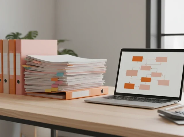 Documentos e métodos organizados sobre uma mesa, simbolizando a metodologia em projetos de inovação
