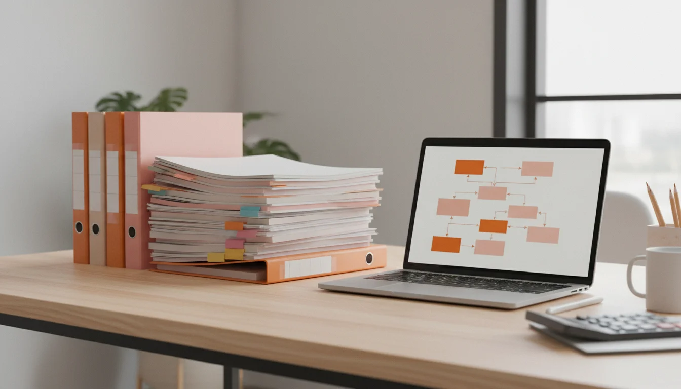 Documentos e métodos organizados sobre uma mesa, simbolizando a metodologia em projetos de inovação